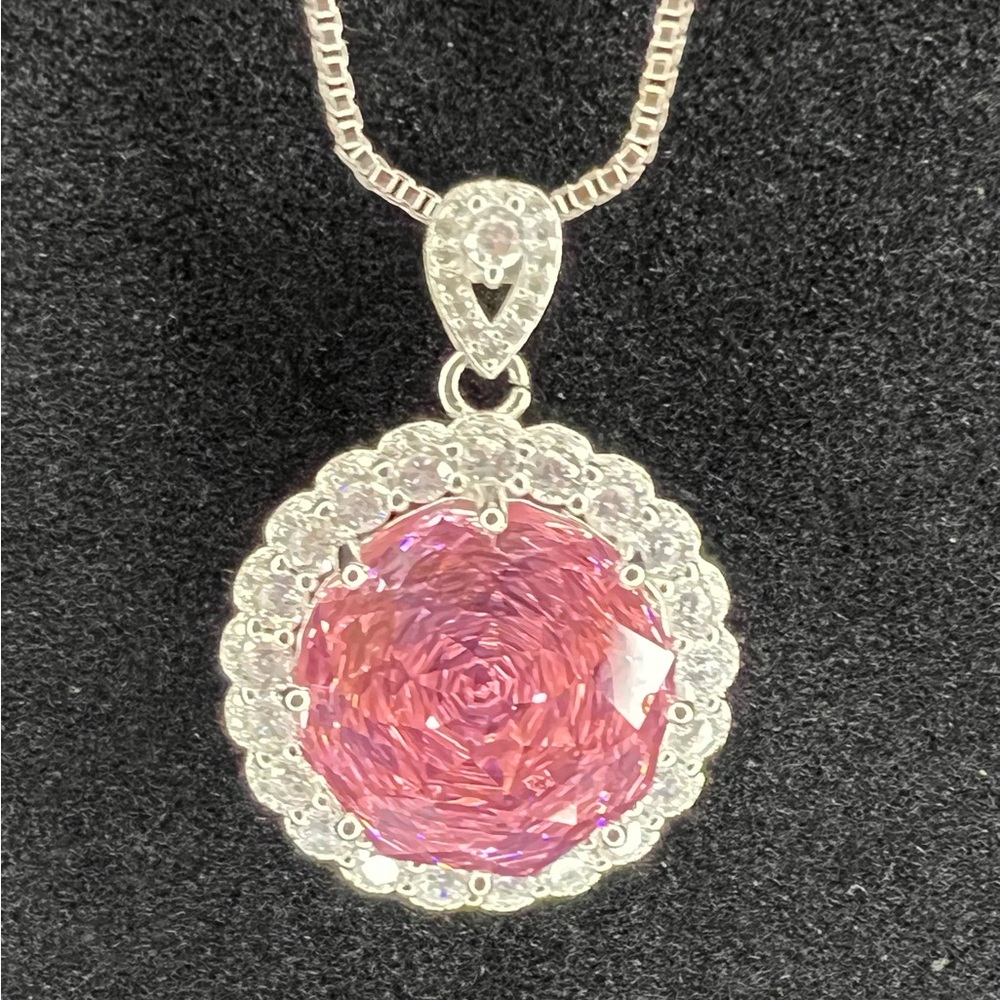 GORGEOUS Giant Pink Rose-Cut CZ & Moissanite Halo-Style Pendant 17 ctw 20”